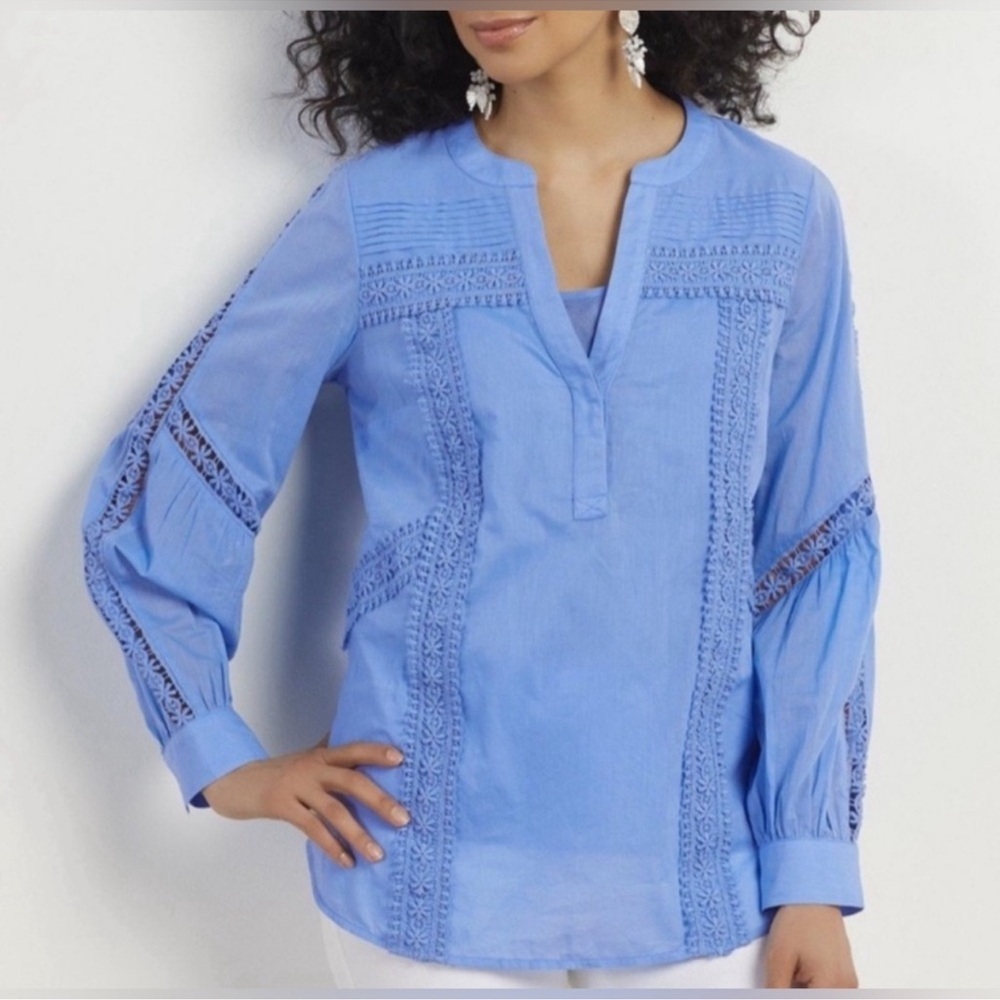 Soft Surroundings Top Women Medium Shirt Blouse Baby Blue Crochet Lace P